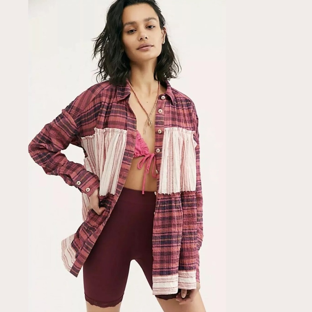 NEW FREE PEOPLE WAITING ON SUMMER PLAID BUTTONDOWN Z204